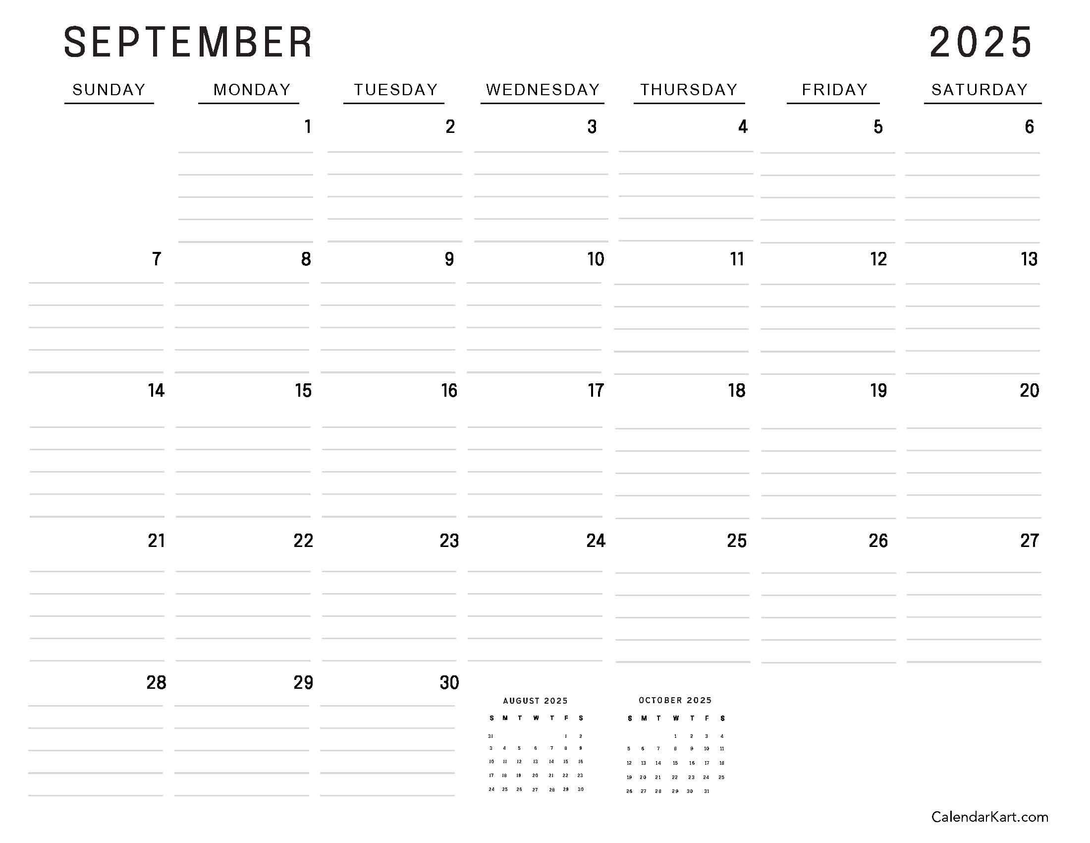 September Calendar 2025 Lined