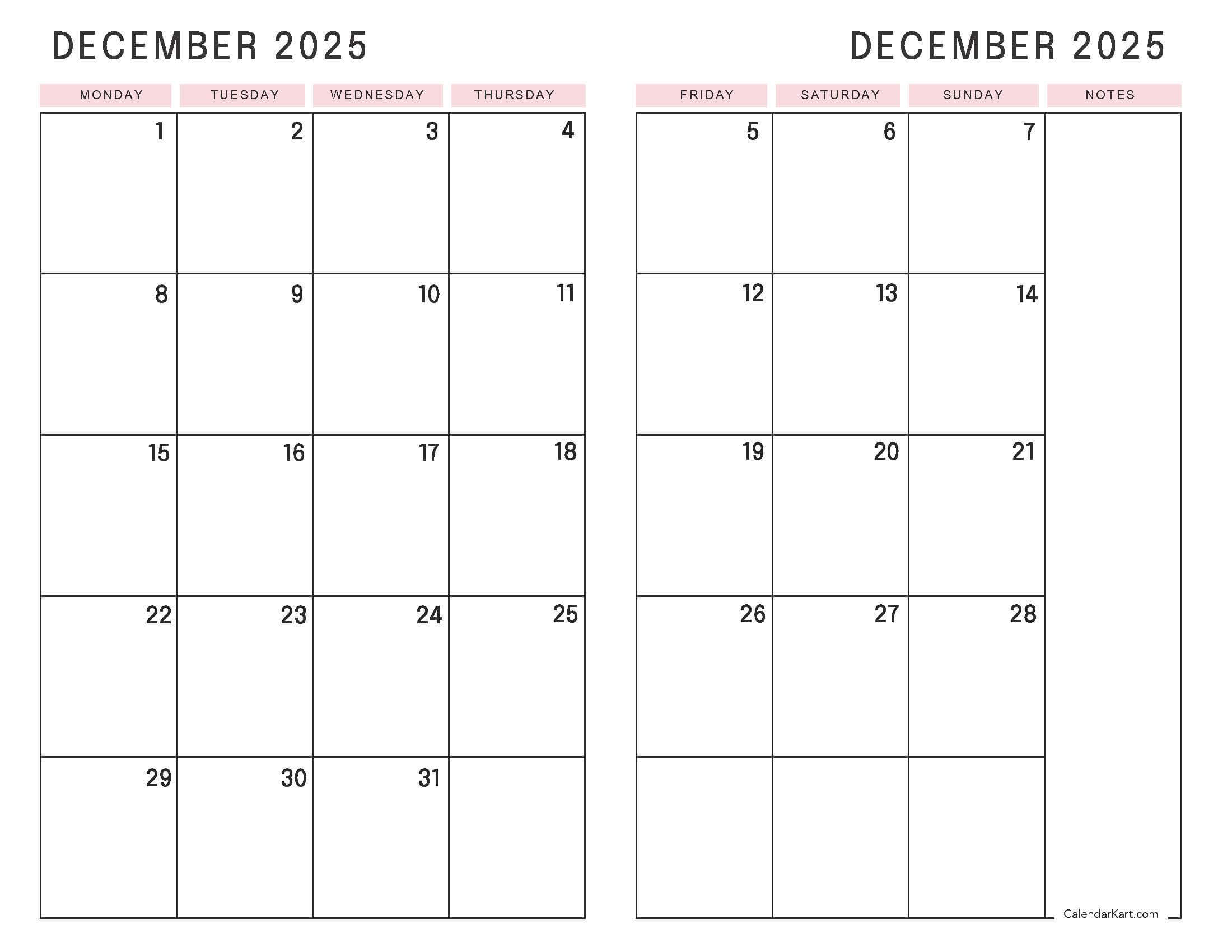 December 2025 Calendar 2 Page Spread
