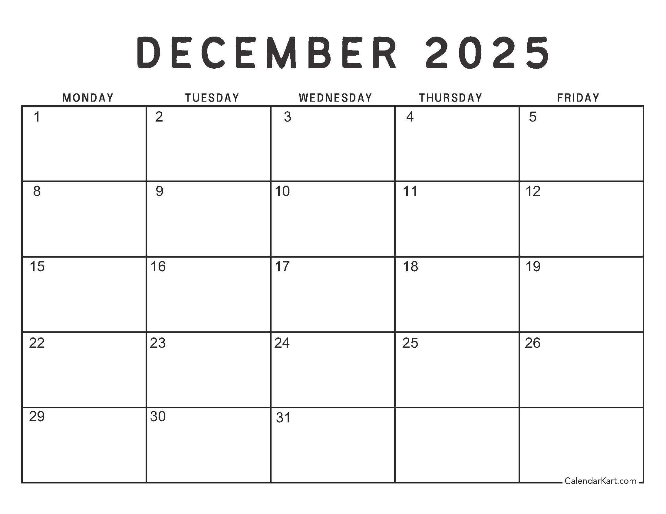 December 2025 Calendar 5 Days
