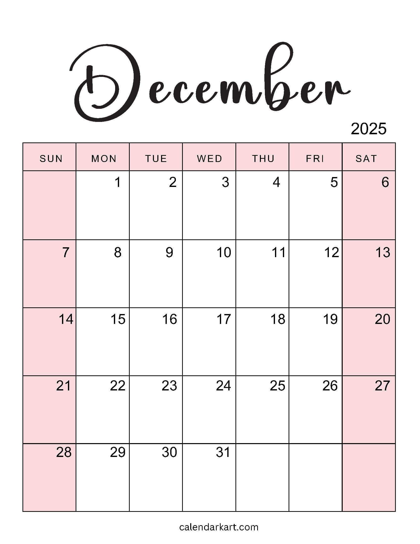 December 2025 Calendar Caligraphy