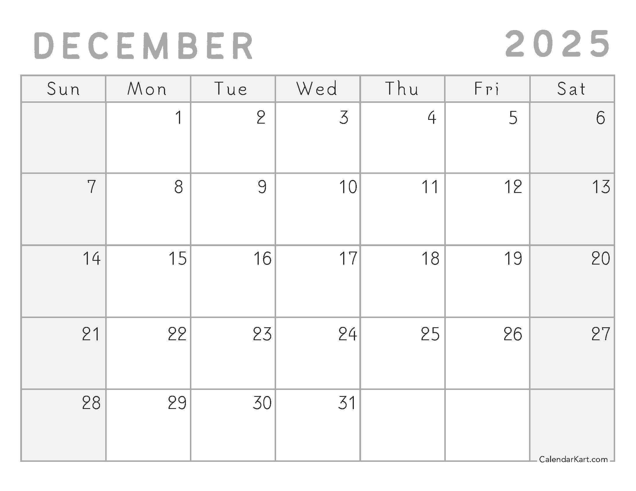 December 2025 Calendar Greyscale