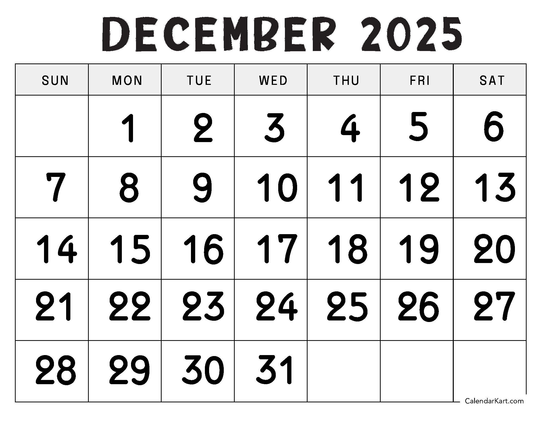 December 2025 Calendar Large Numerals