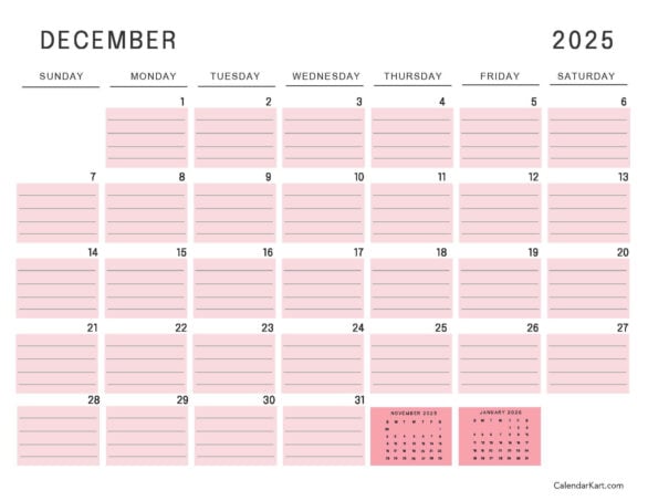 December 2025 Lined calendar colored