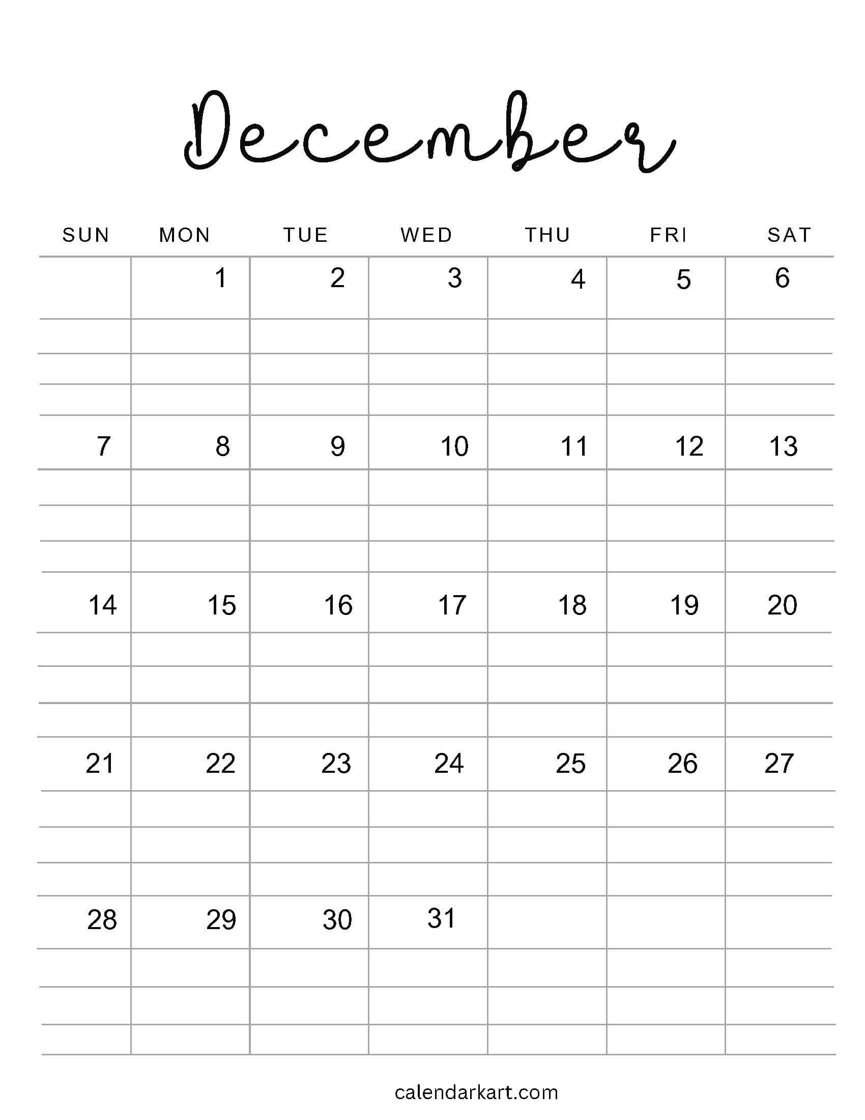 December 2025 Calendar Lined Vertical