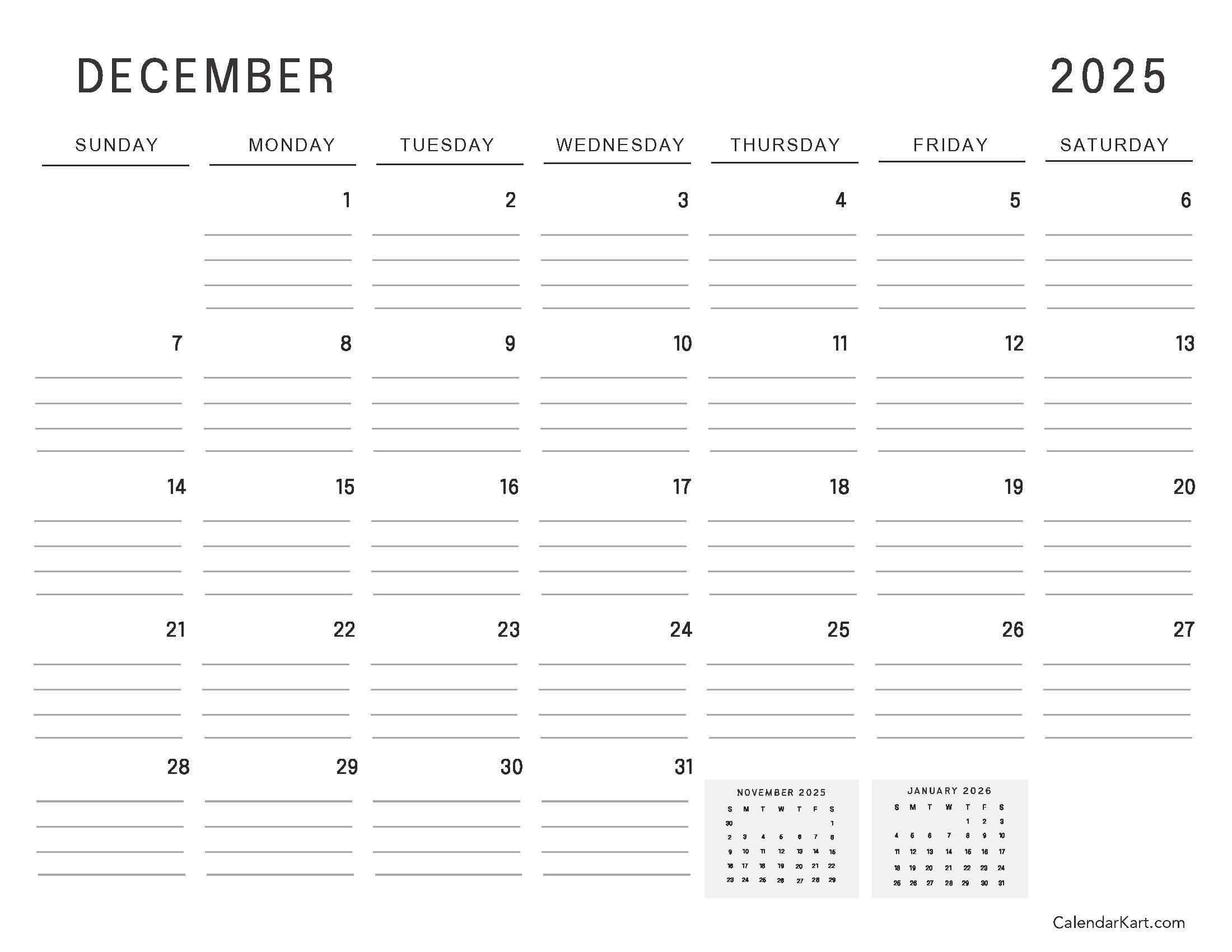 December 2025 Calendar Lined