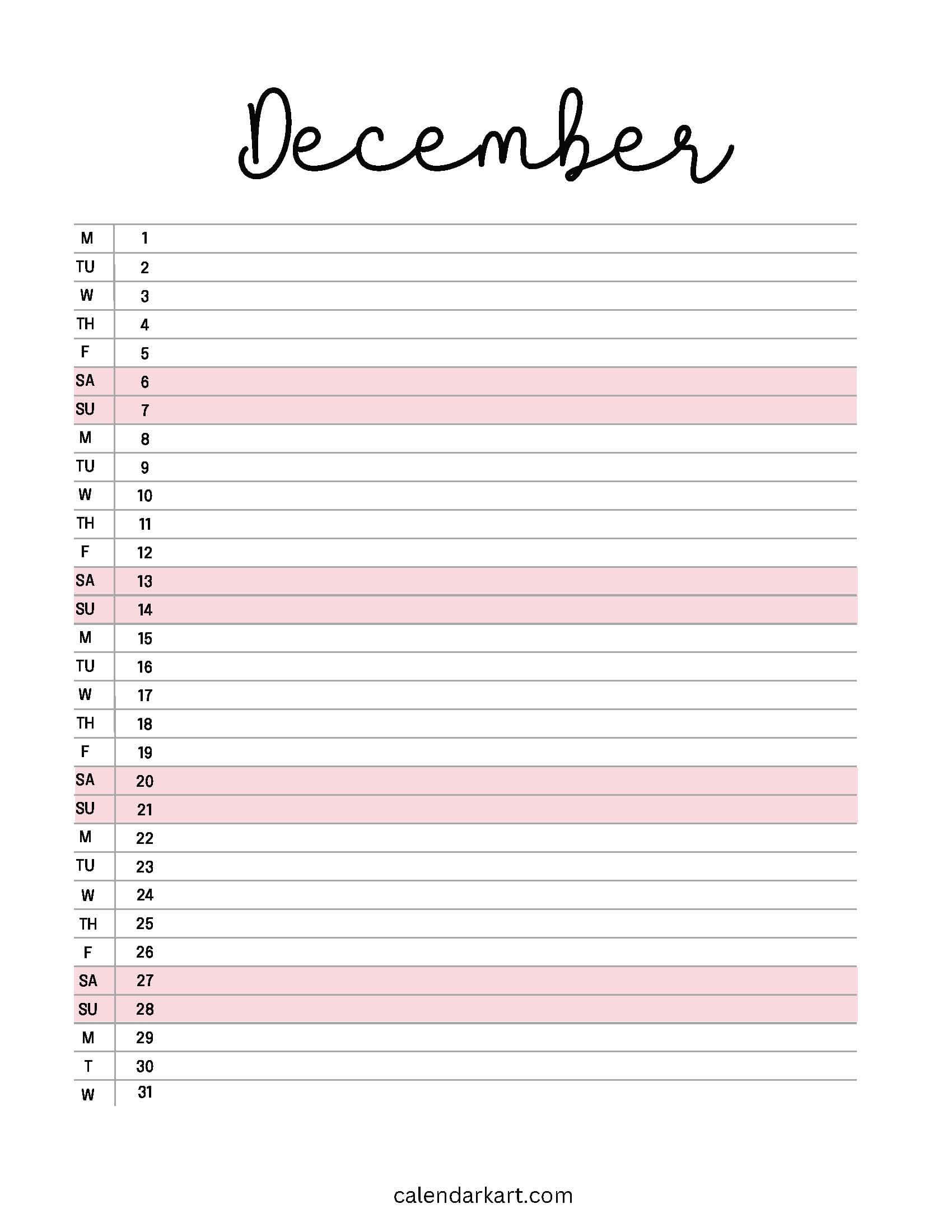 December 2025 Calendar List View