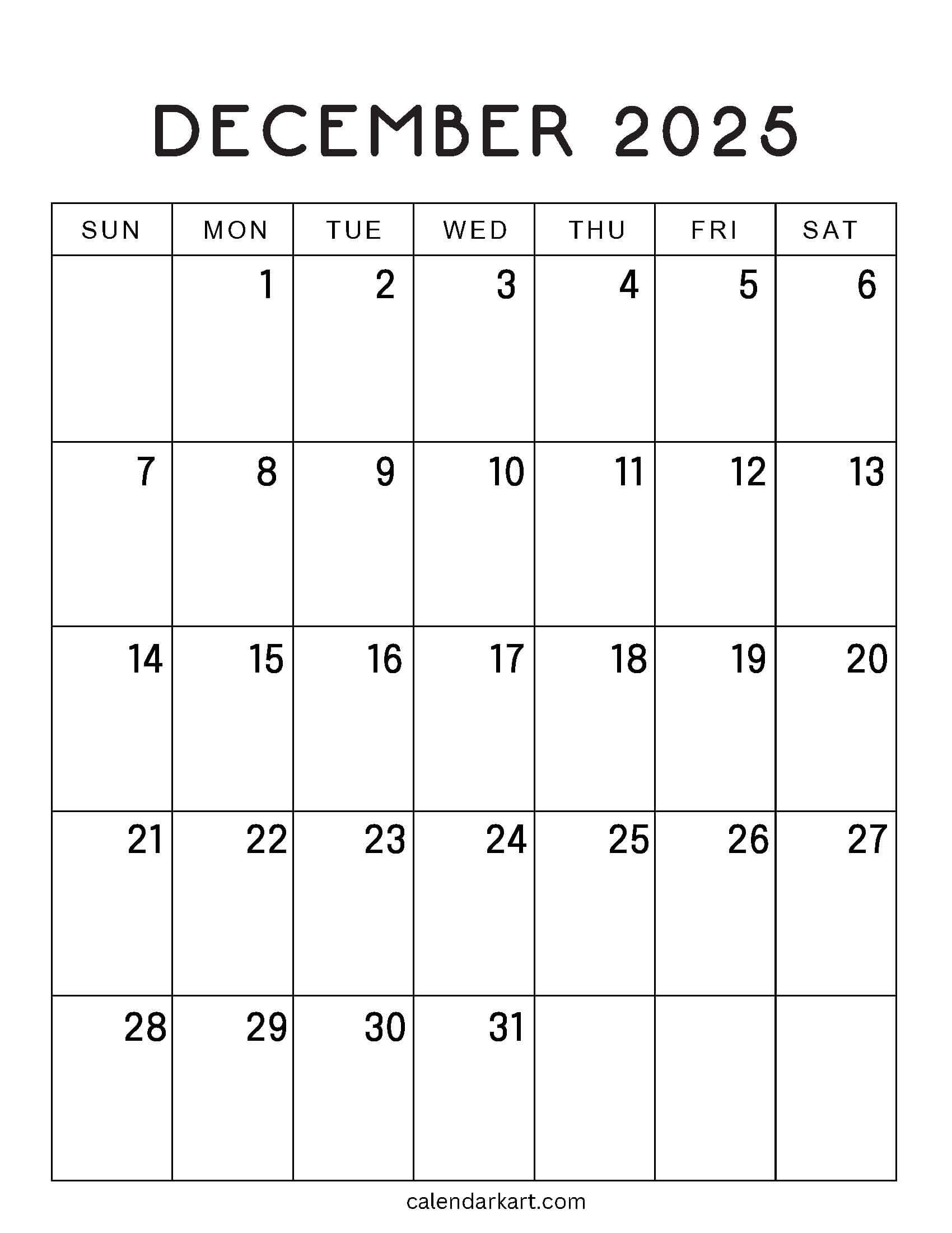 December 2025 Calendar Standard Vertical