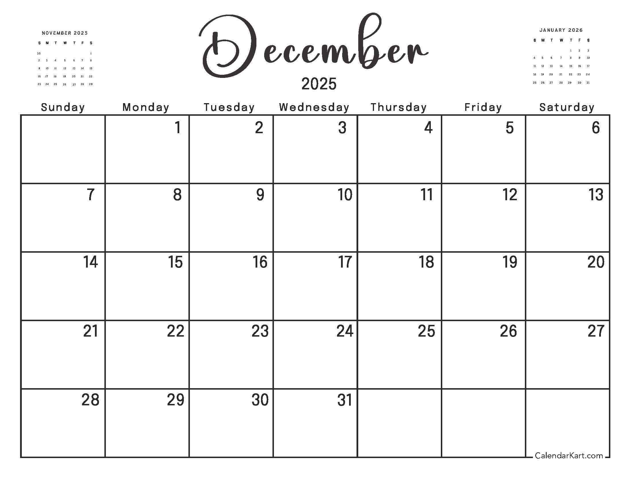 December 2025 Calendar Standard