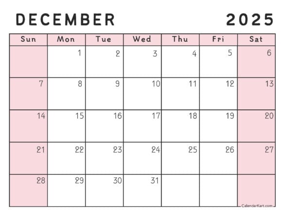 December 2025 Calendar shaded