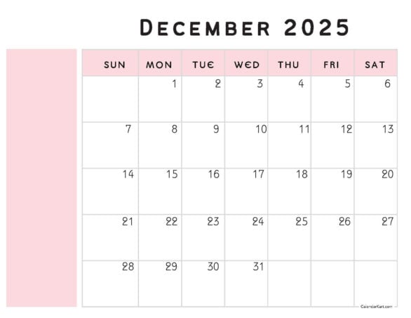 December 2025 Calendar with Notes Colored