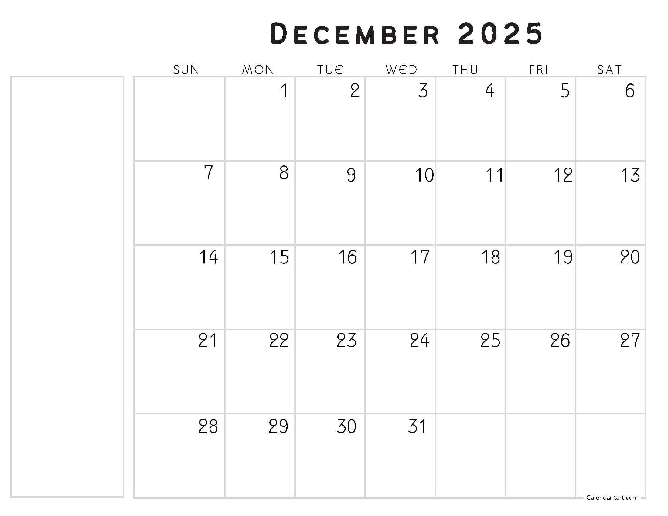 December 2025 Calendar with Notes