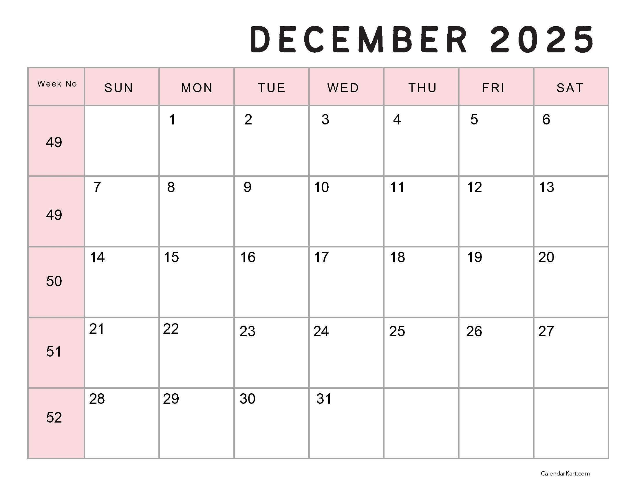 December 2025 Calendar with Week Nos