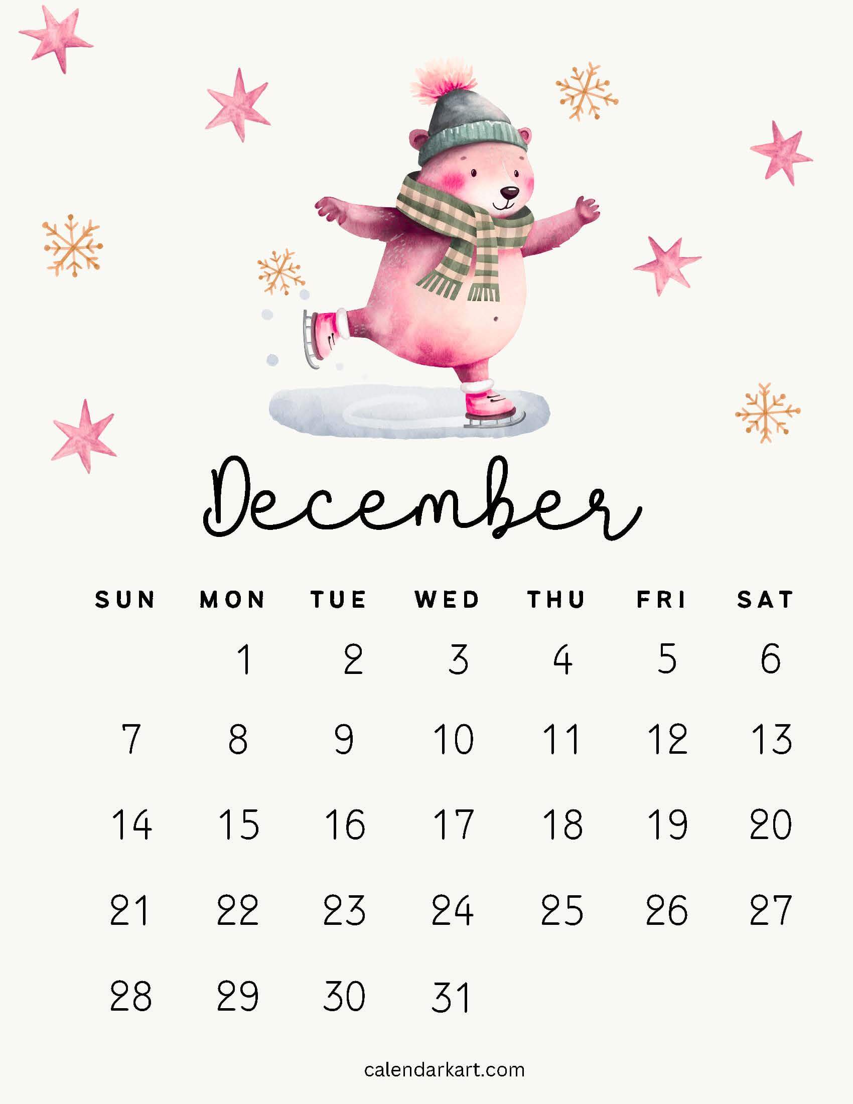 December 2025 cute calendar bear skating on ice