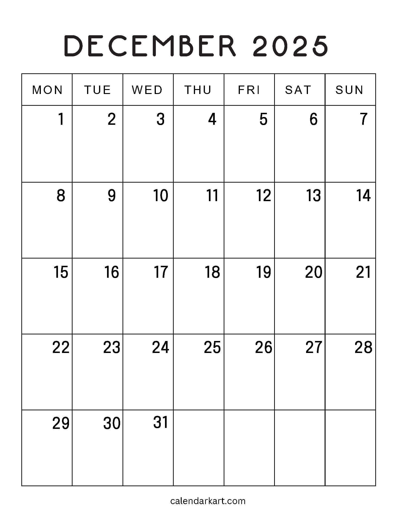 Monday Start December 2025 Calendar 1
