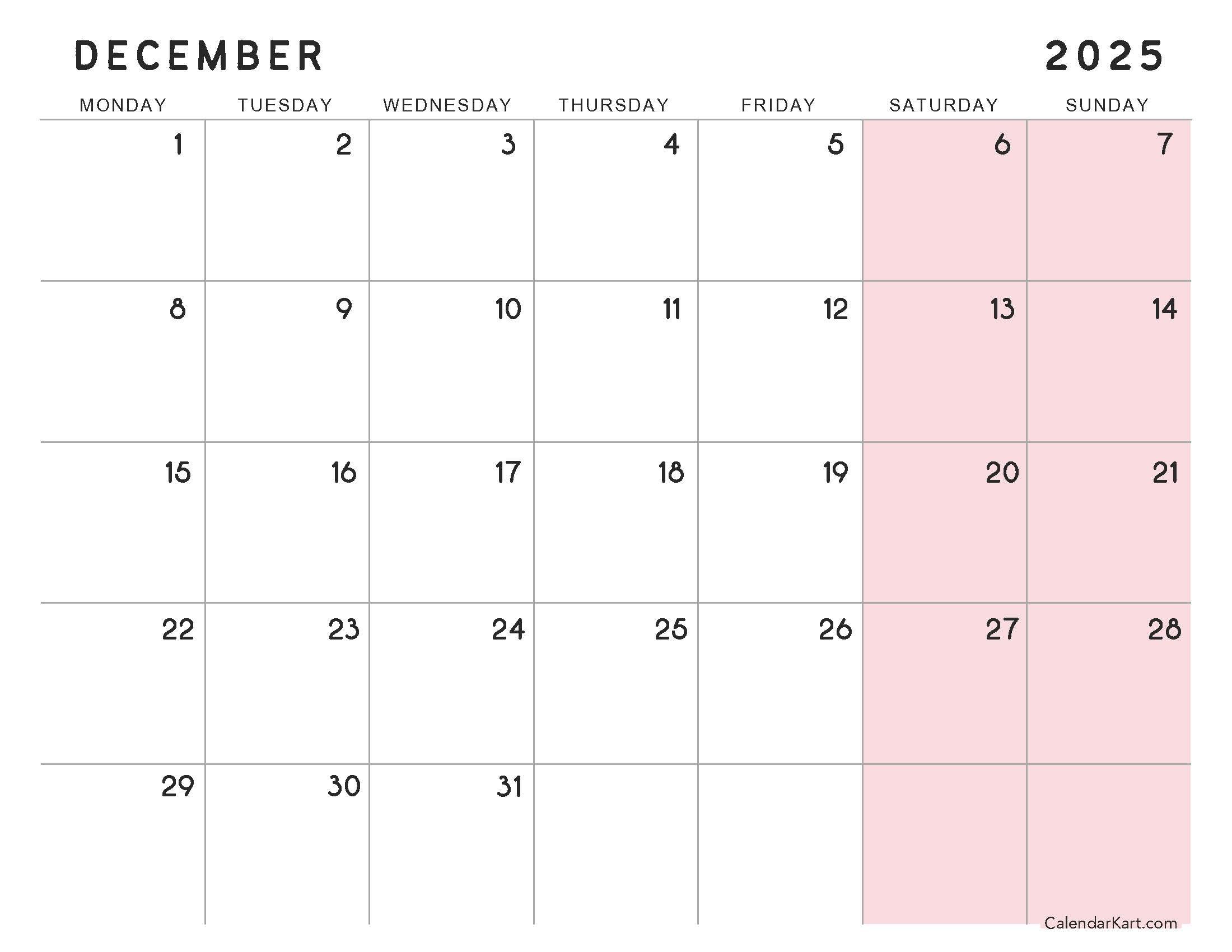 Monday Start December 2025 Extra Large