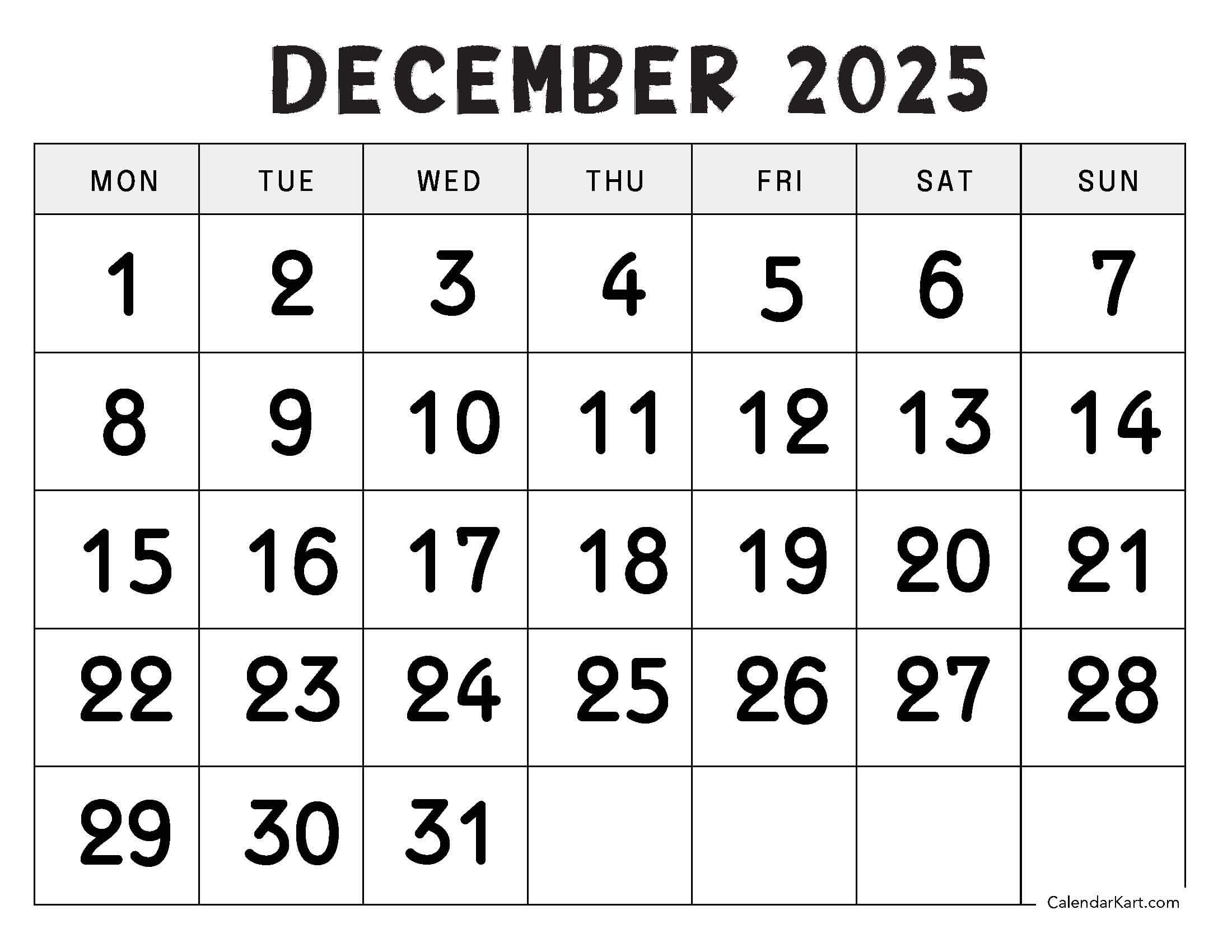 Monday Start December 2025 Large Numerals