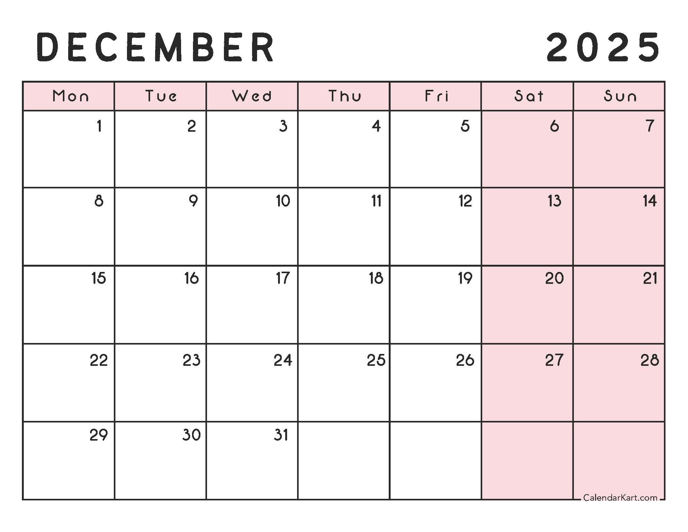 Monday Start December 2025 Printable