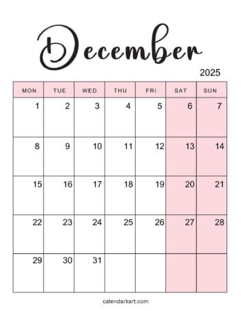 Monday Start December 2025 Shaded