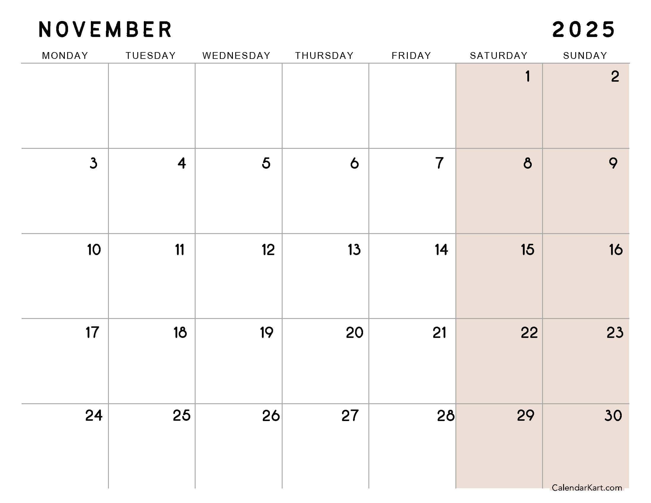 November 2025 Calendar Extra Large Monday Start