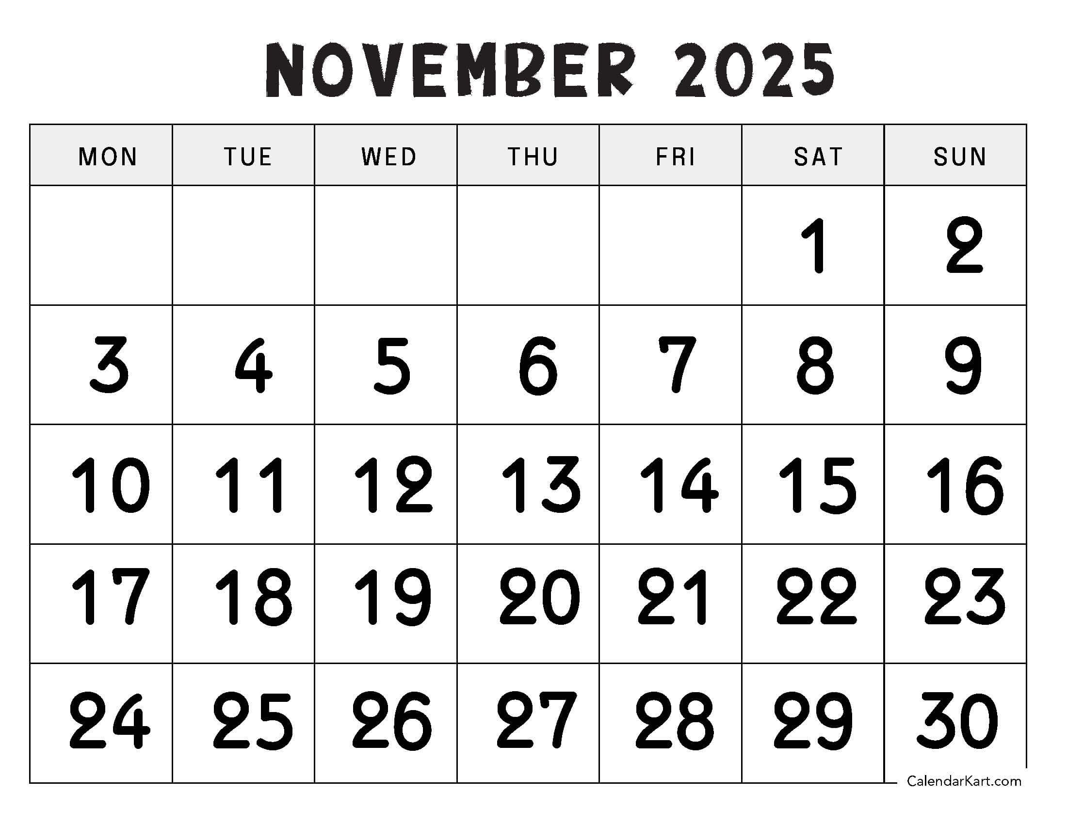 November 2025 Calendar Large Numerals Monday Start