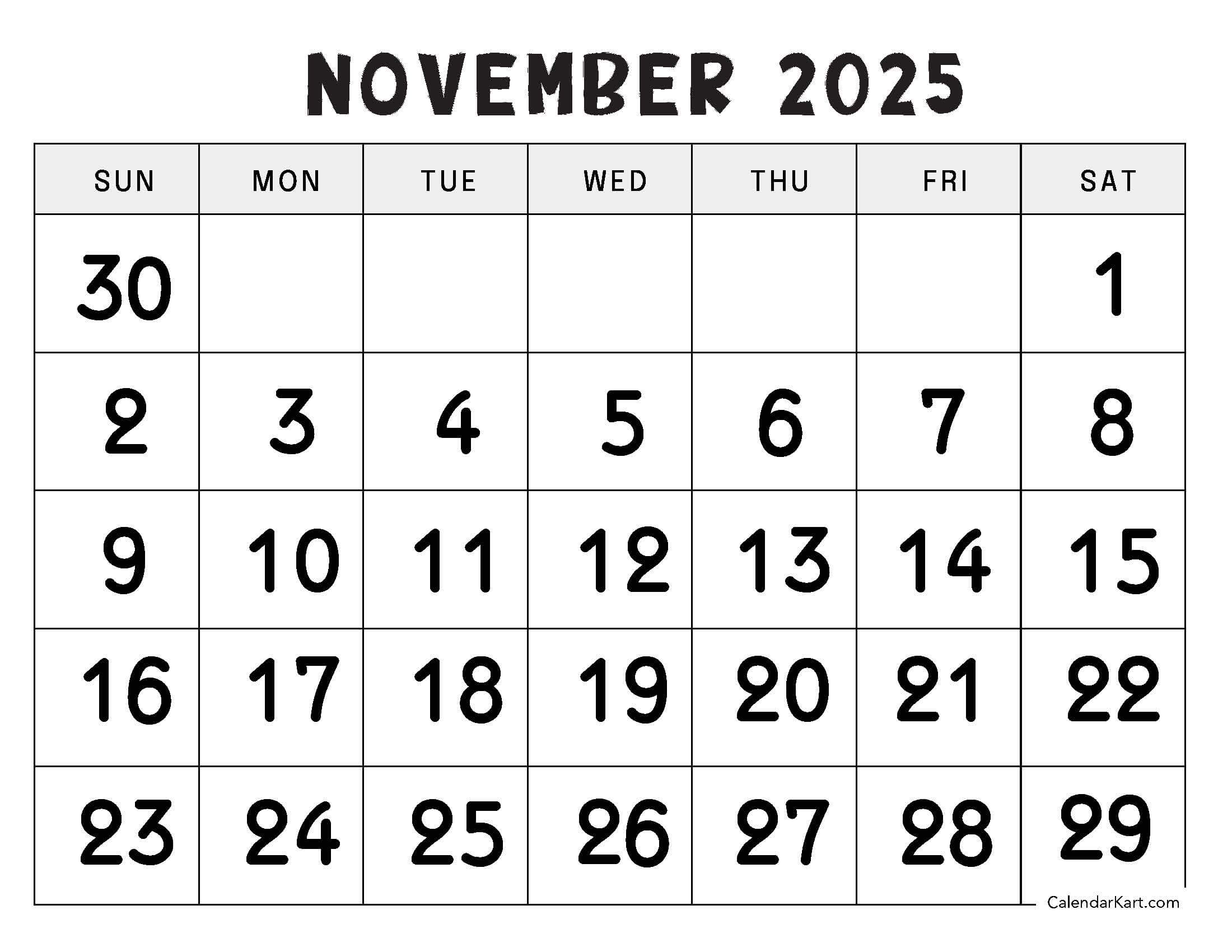 November 2025 Calendar Large Numerals Sunday Start