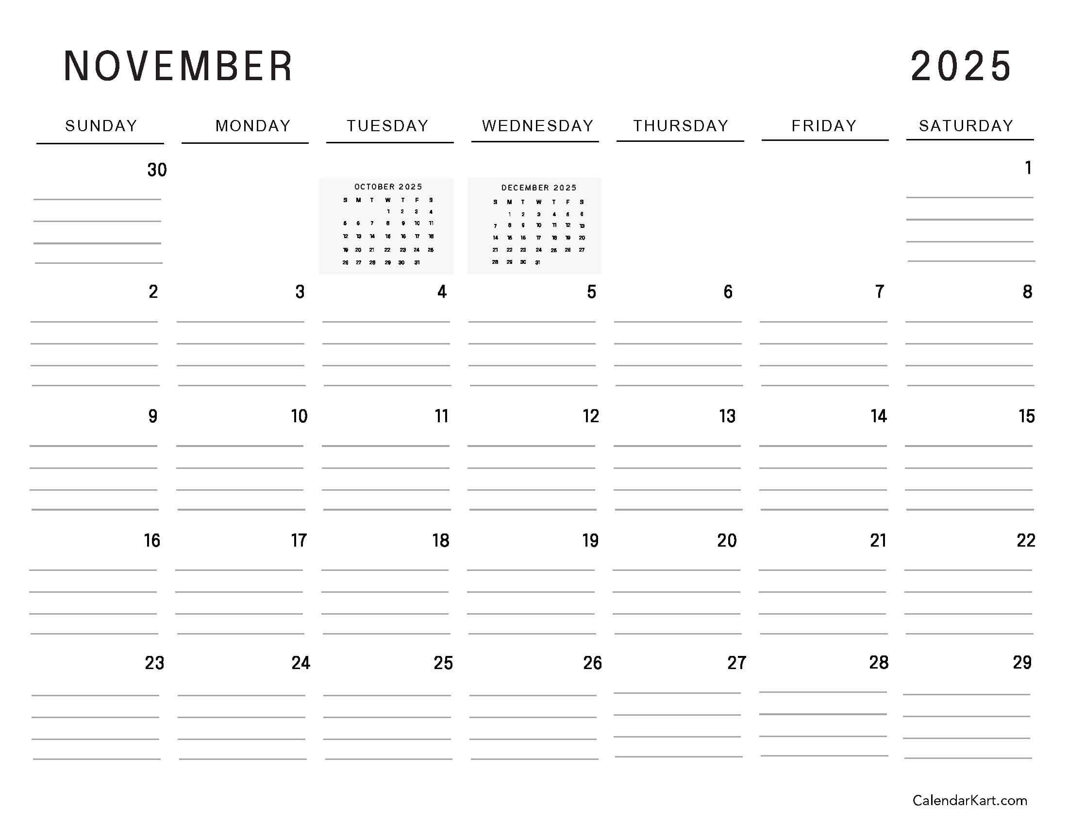 November 2025 Calendar Lined