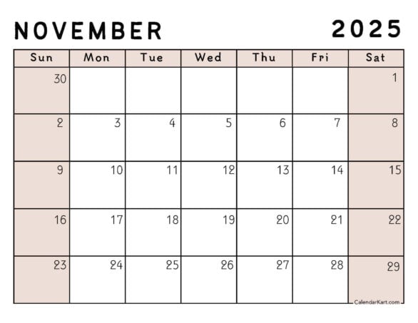 November 2025 Calendar Shaded Weekends