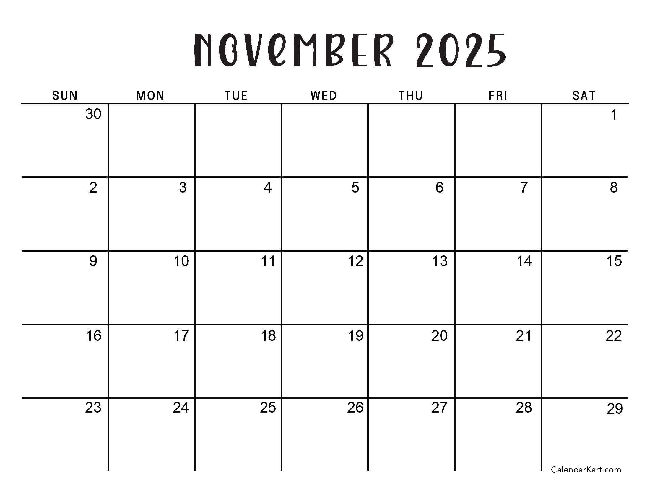 November 2025 Calendar Standard Sunday Start