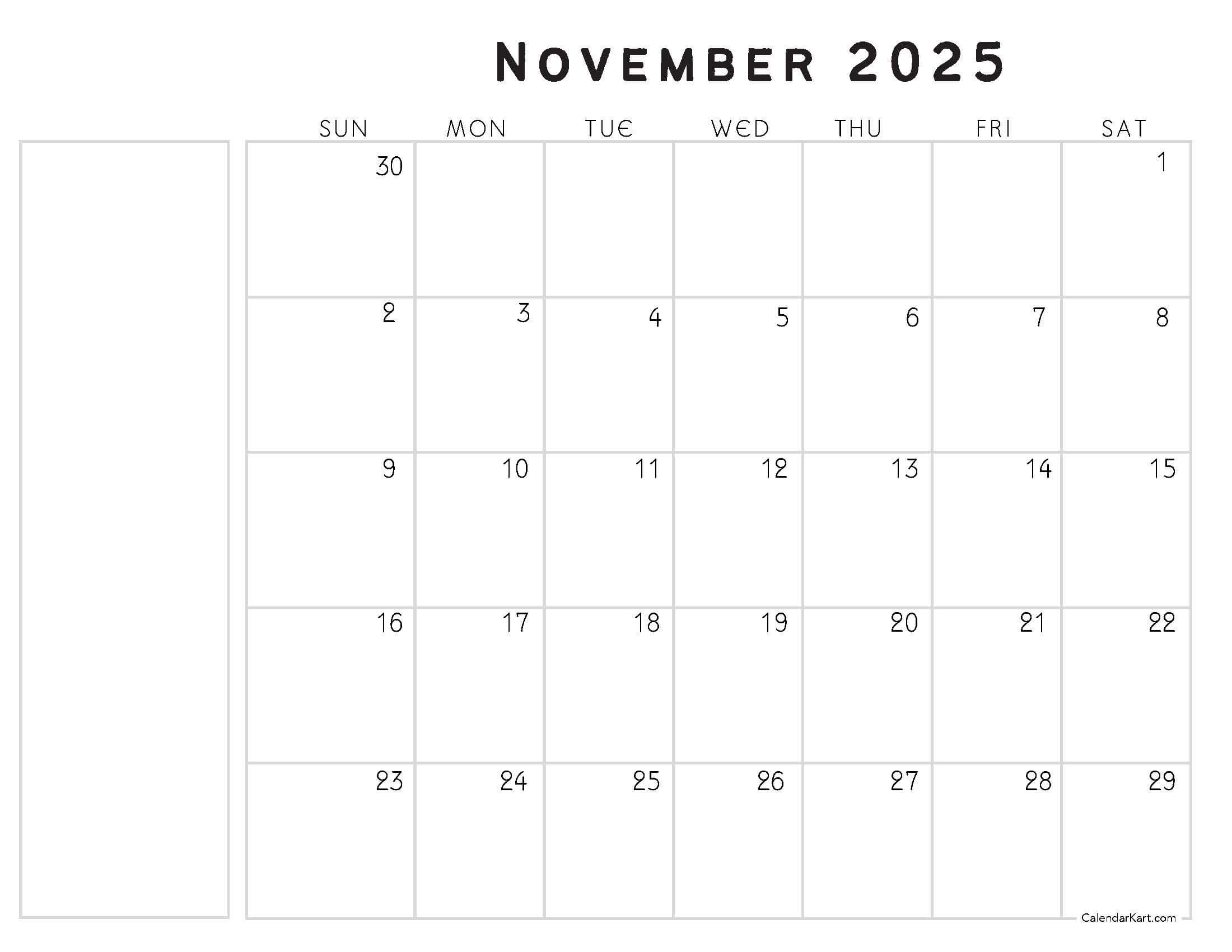 November 2025 Calendar with Notes