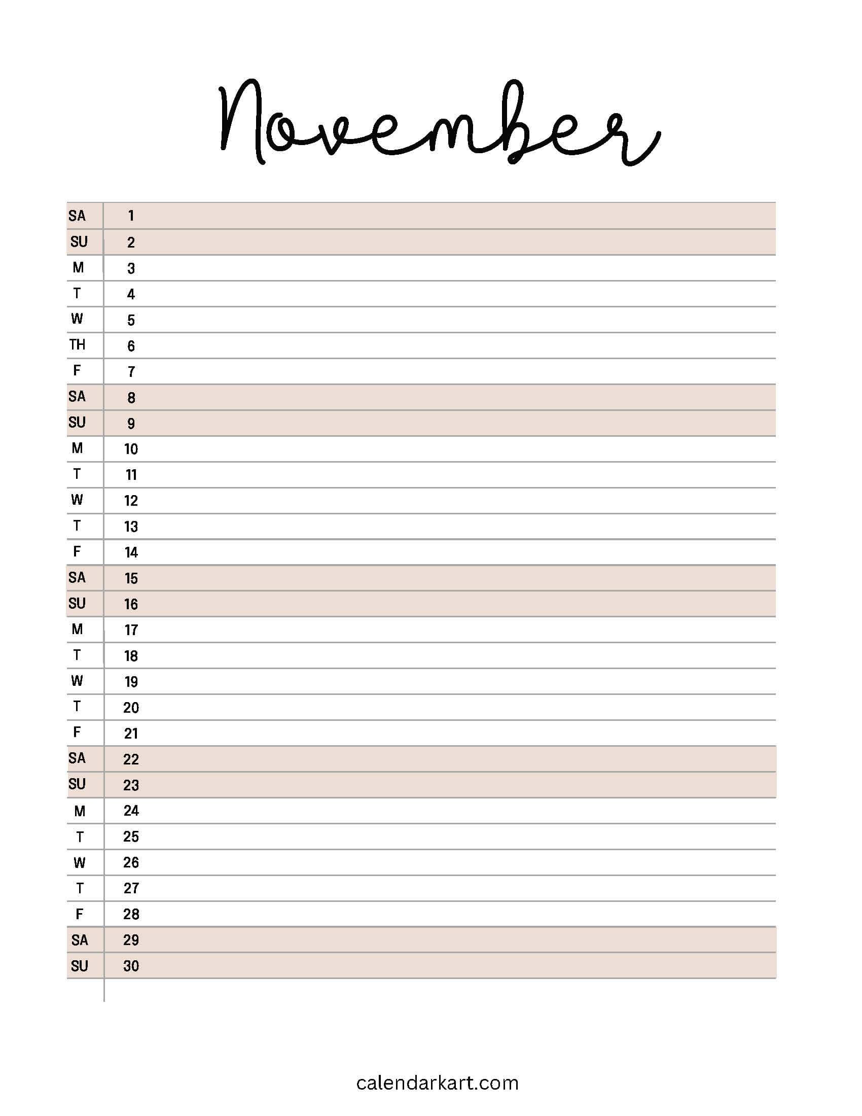 November 2025 Calendar List View