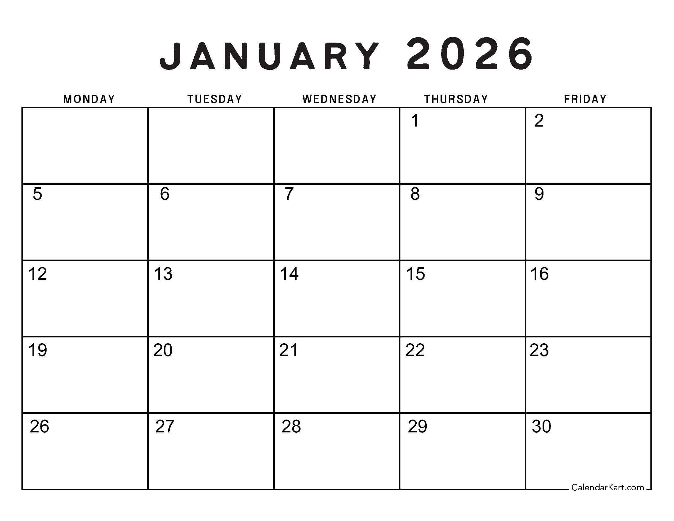 January 2026 Calendar 5 Days Workweek