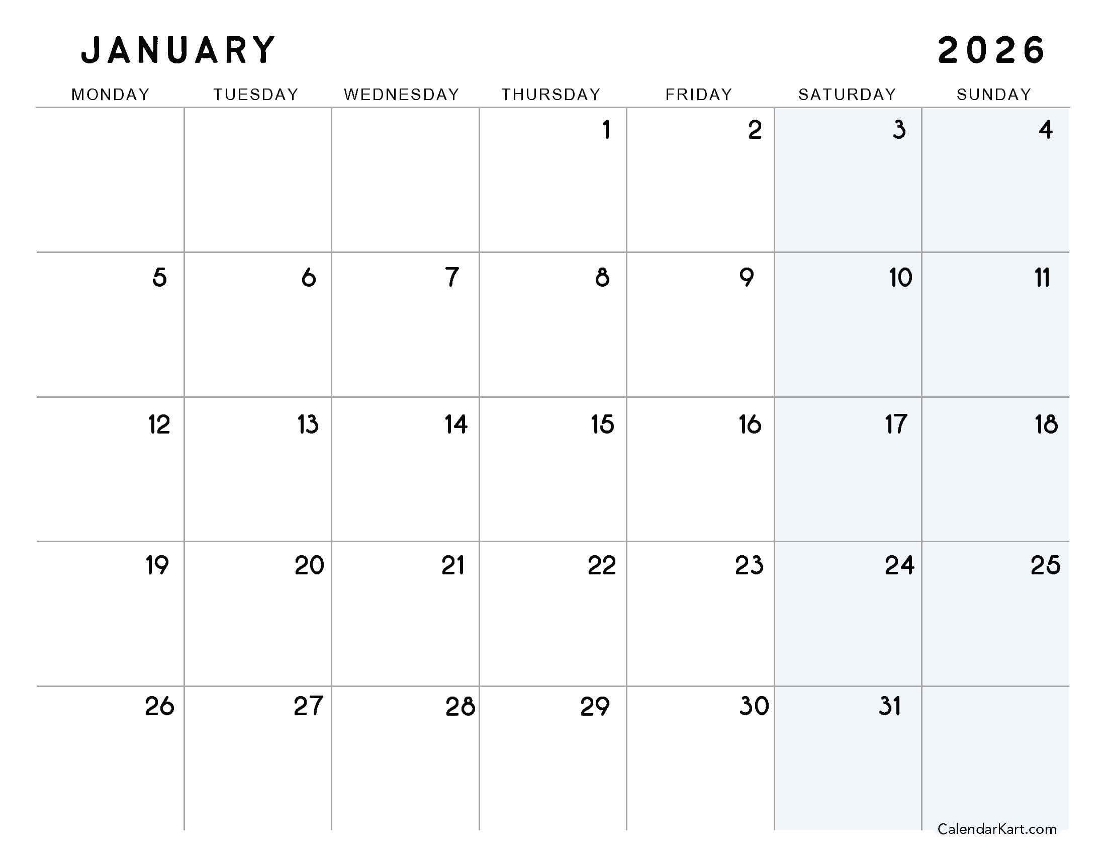 January 2026 Calendar Extra Large Monday