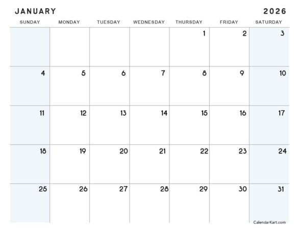 January 2026 Calendar Extra Large Sunday Start