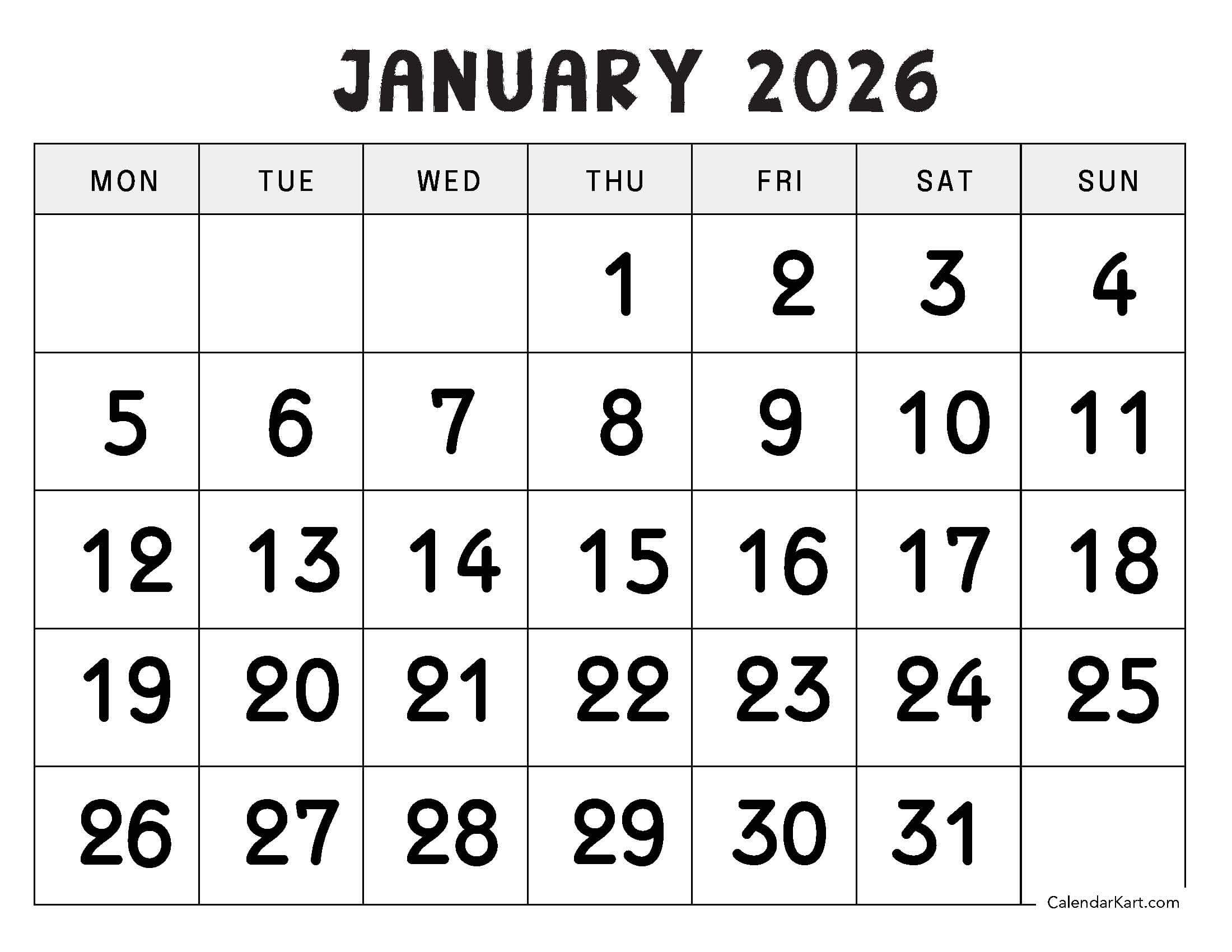 January 2026 Calendar Large Numerals Monday Start