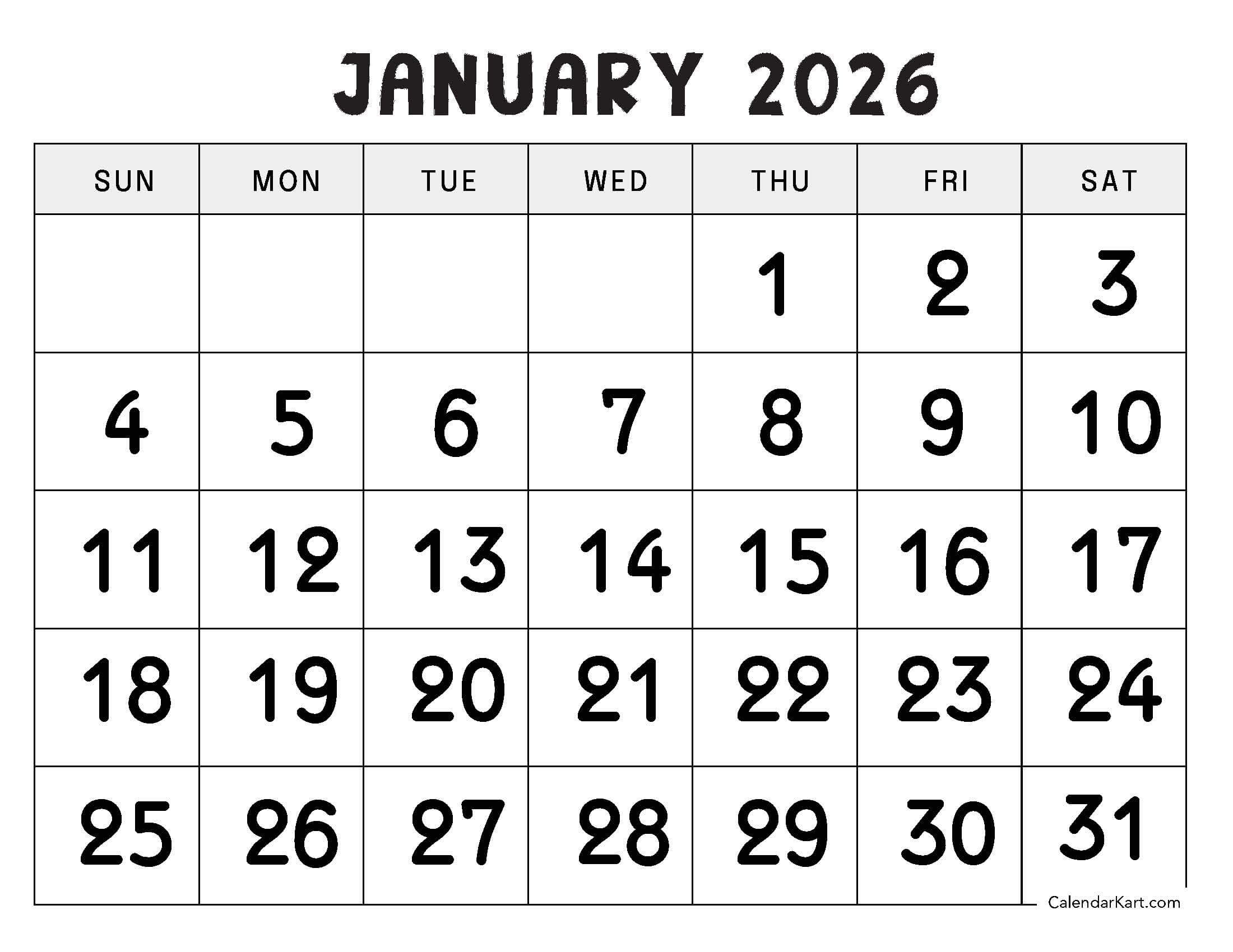 January 2026 Calendar Large Numerals