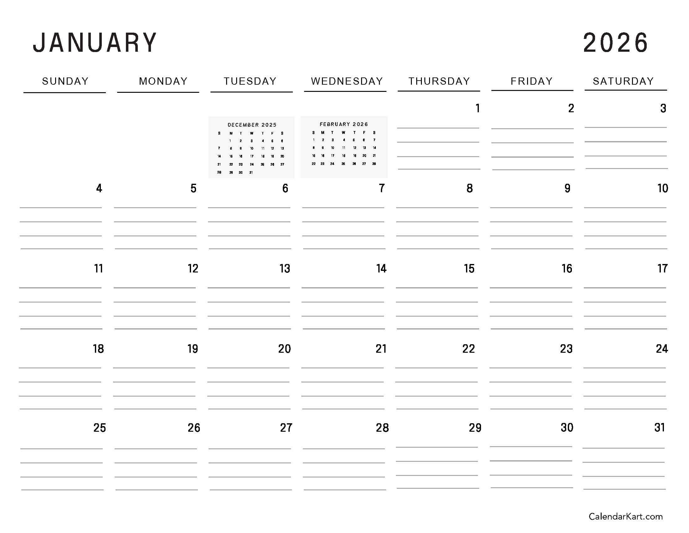 January 2026 Calendar Lined B&W