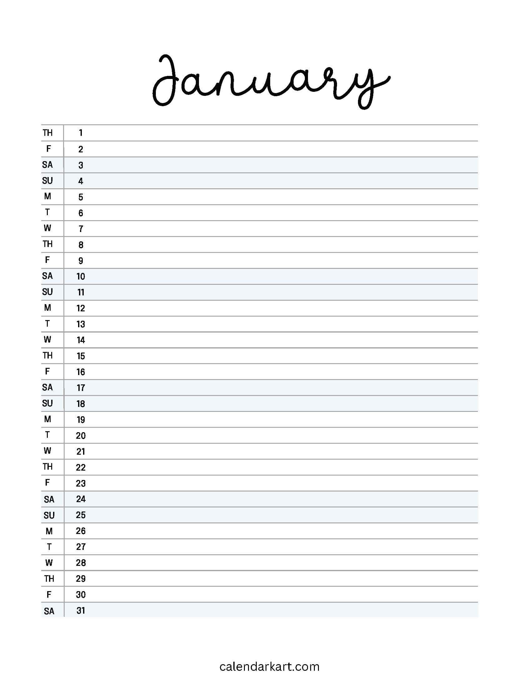 January 2026 Calendar List View