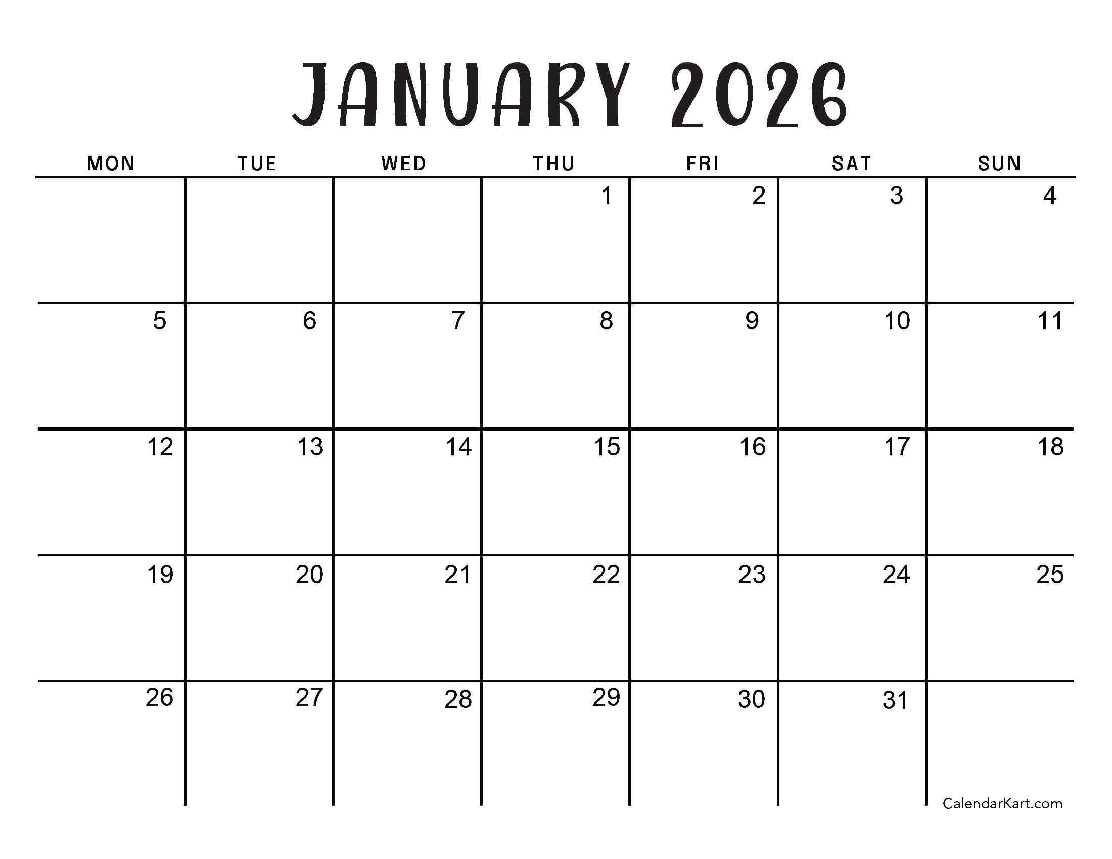 January 2026 Calendar Minimalist Monday