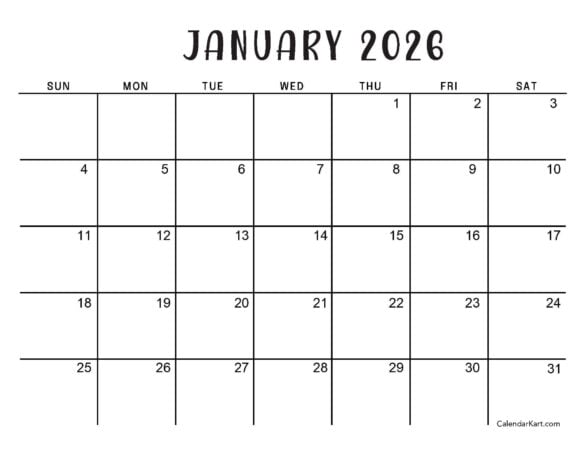 January 2026 Calendar Minimalist Sunday