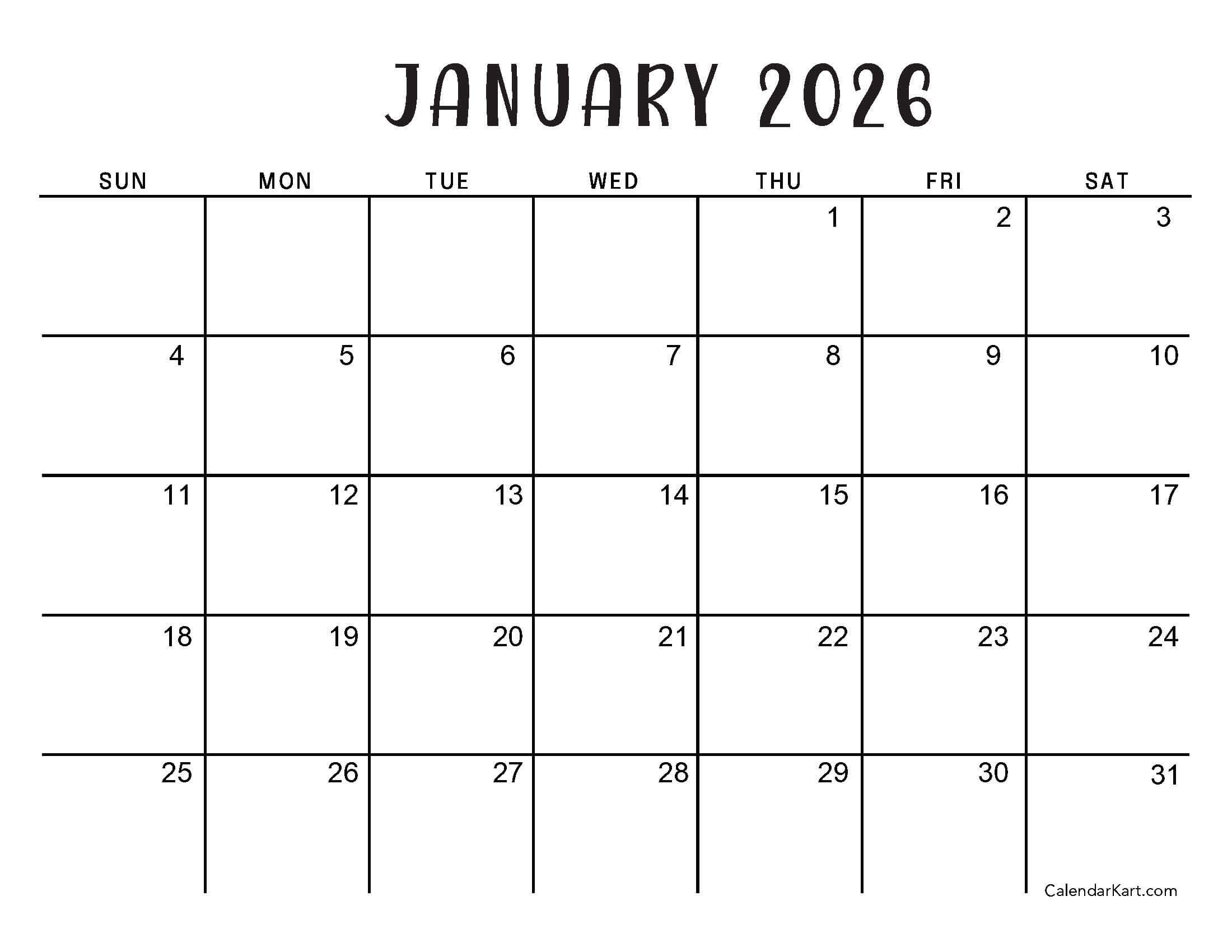 January 2026 Calendar Minimalist Sunday