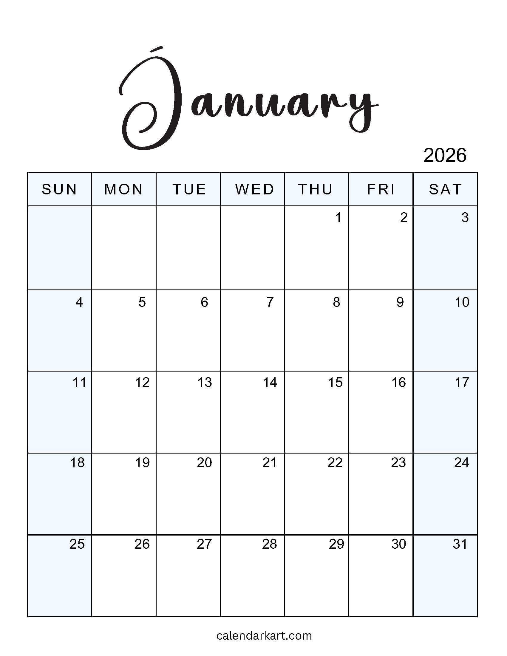 January 2026 Calendar Shaded Weekends Colored