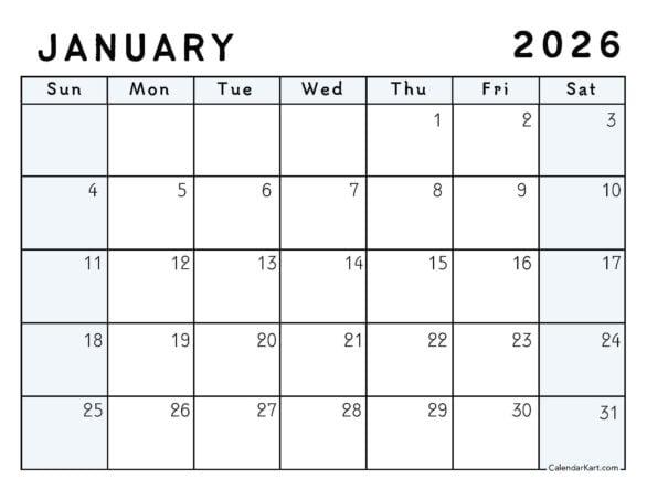 January 2026 Calendar Simple Sunday Start