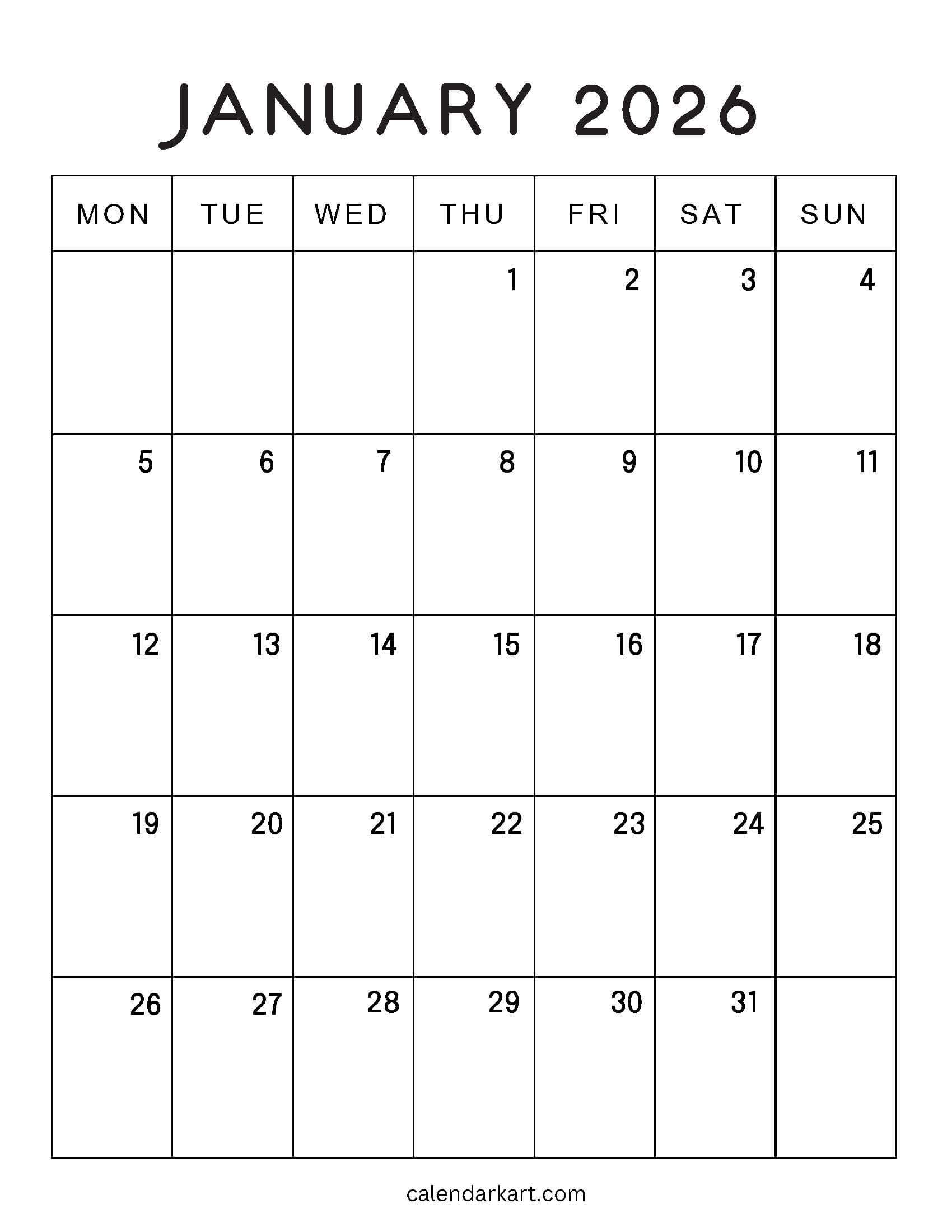 January 2026 Calendar Standard Monday Start