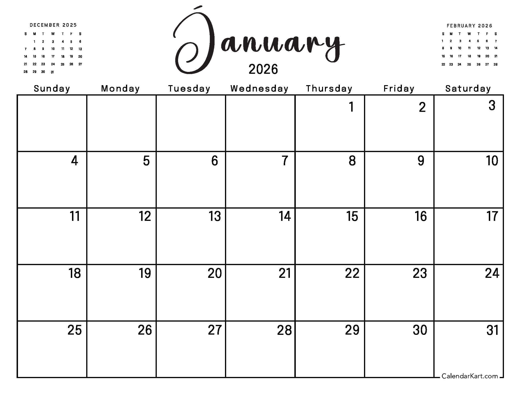 January 2026 Calendar with Dec Feb Overview
