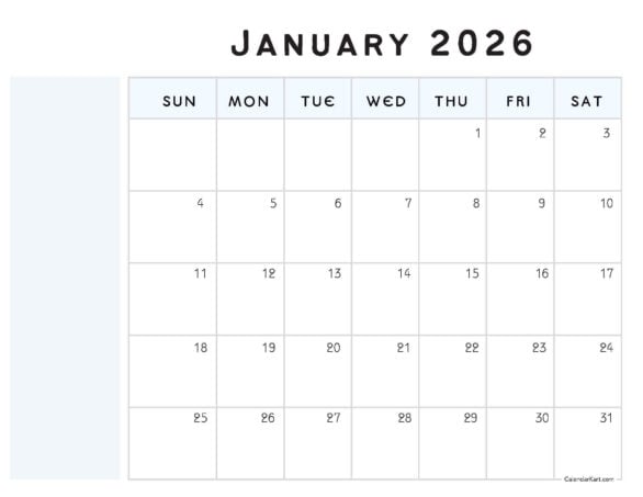 January 2026 Calendar with Notes Colored