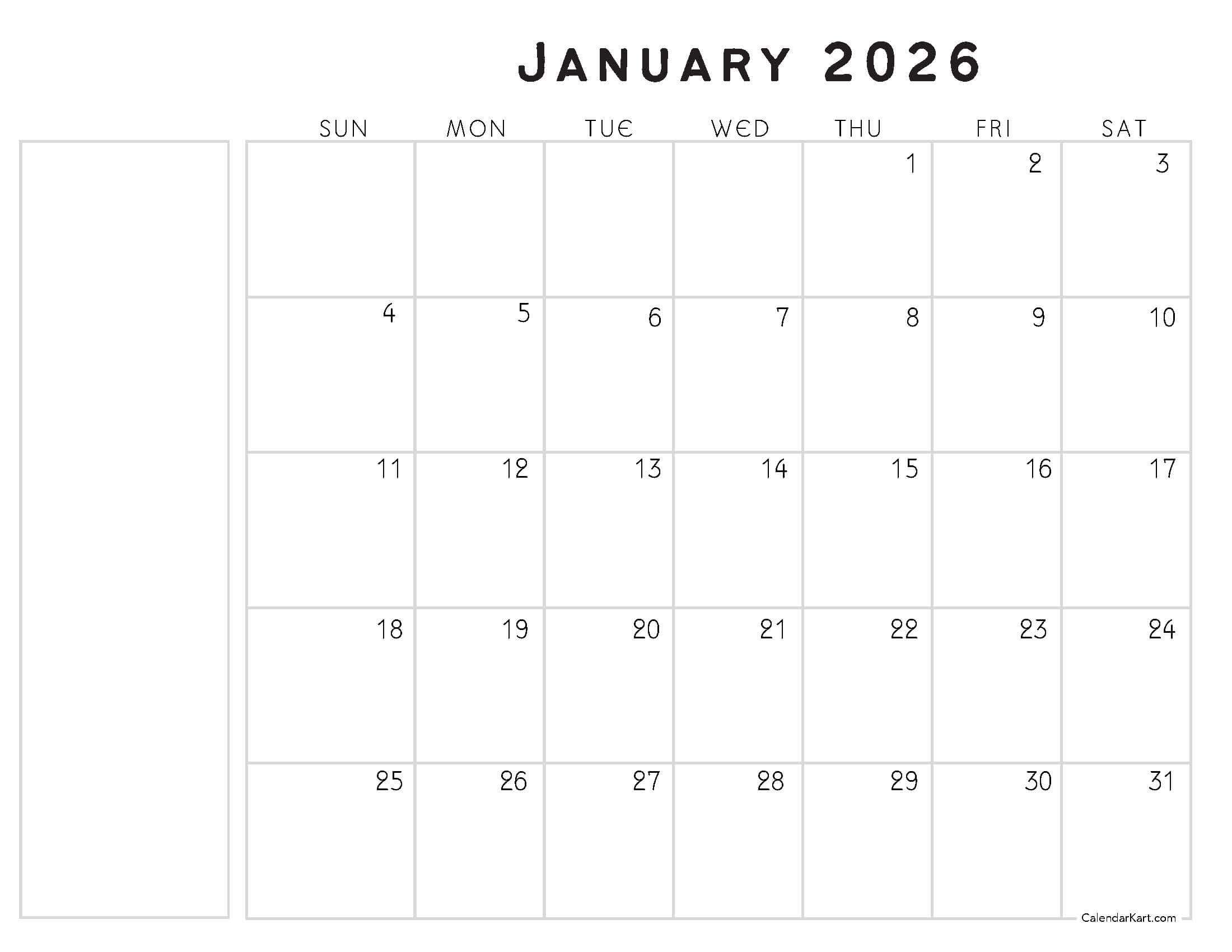 January 2026 Calendar with Notes