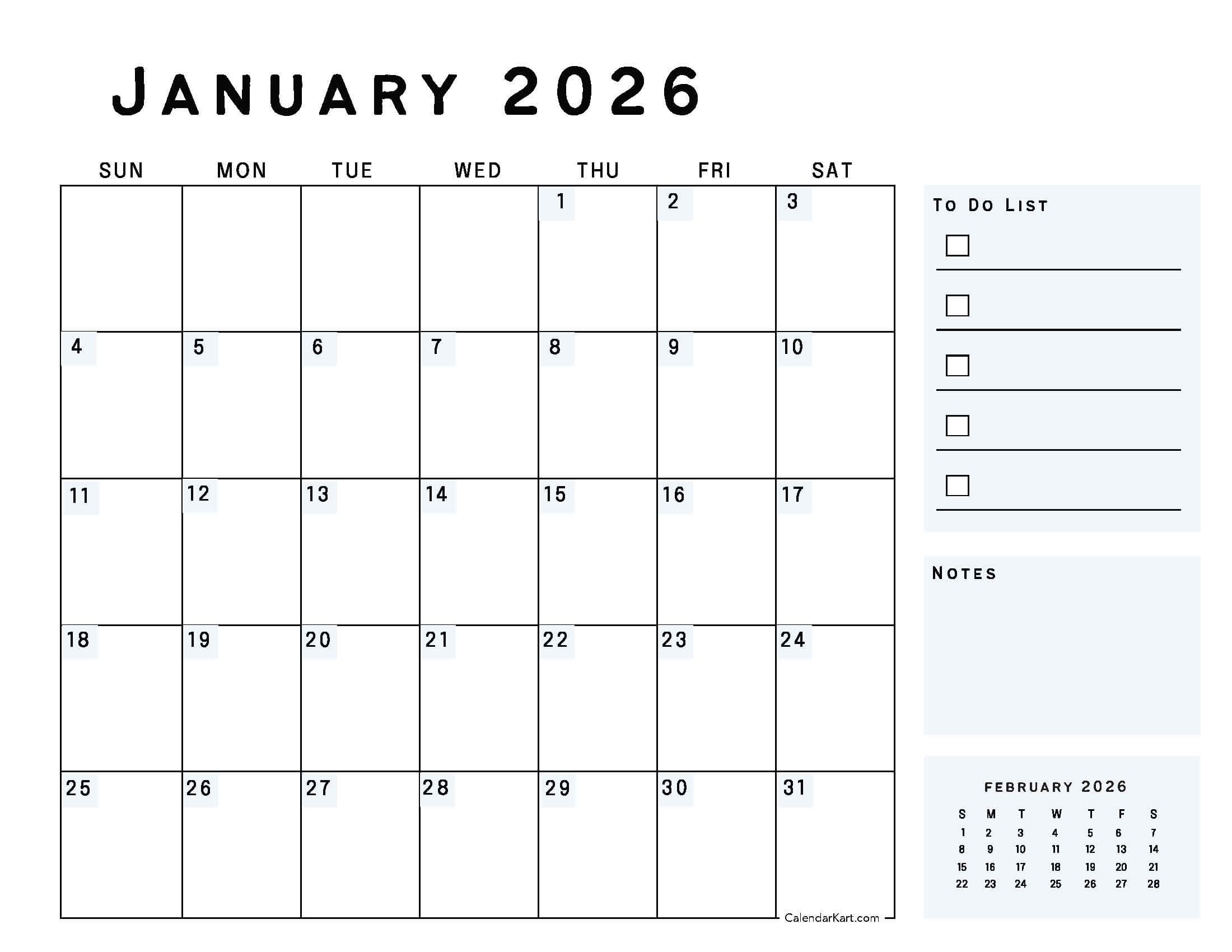 January 2026 Calendar with To Do List