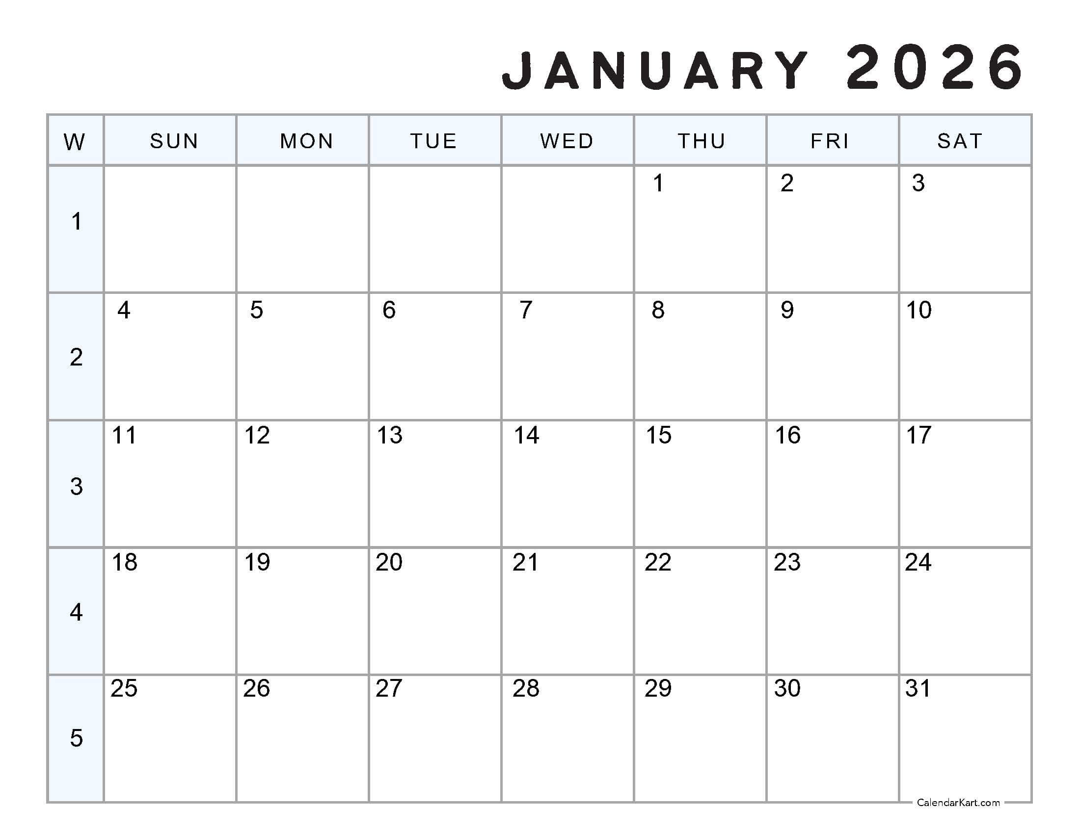 January 2026 Calendar with Week nos