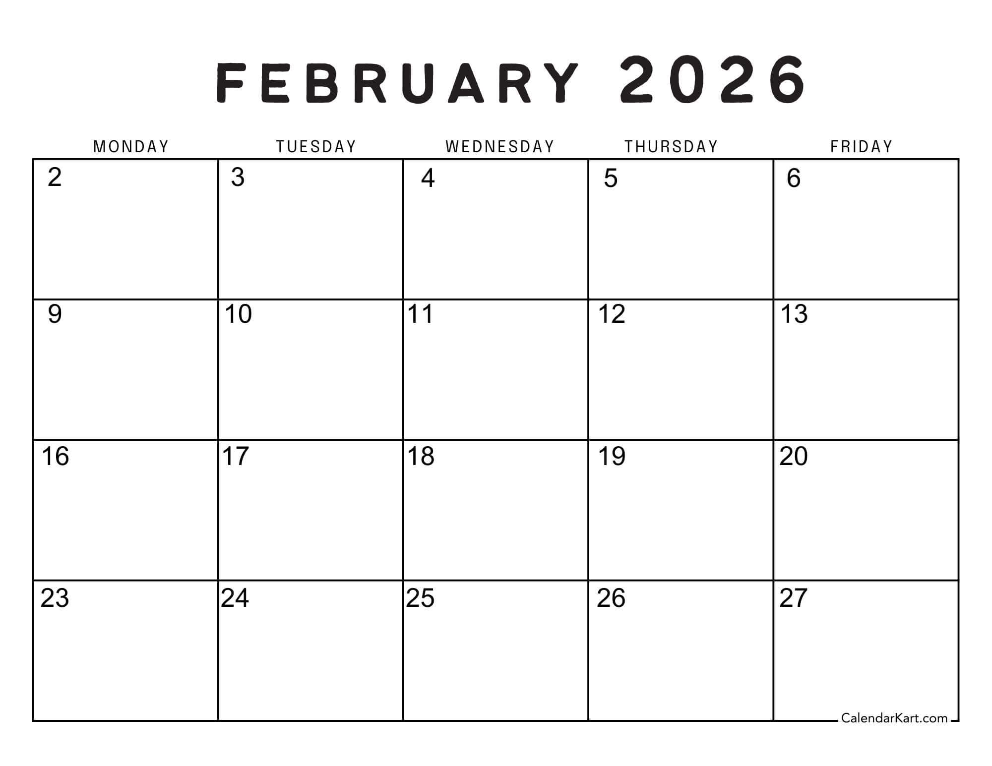 February 2026 Calendar 5 Days
