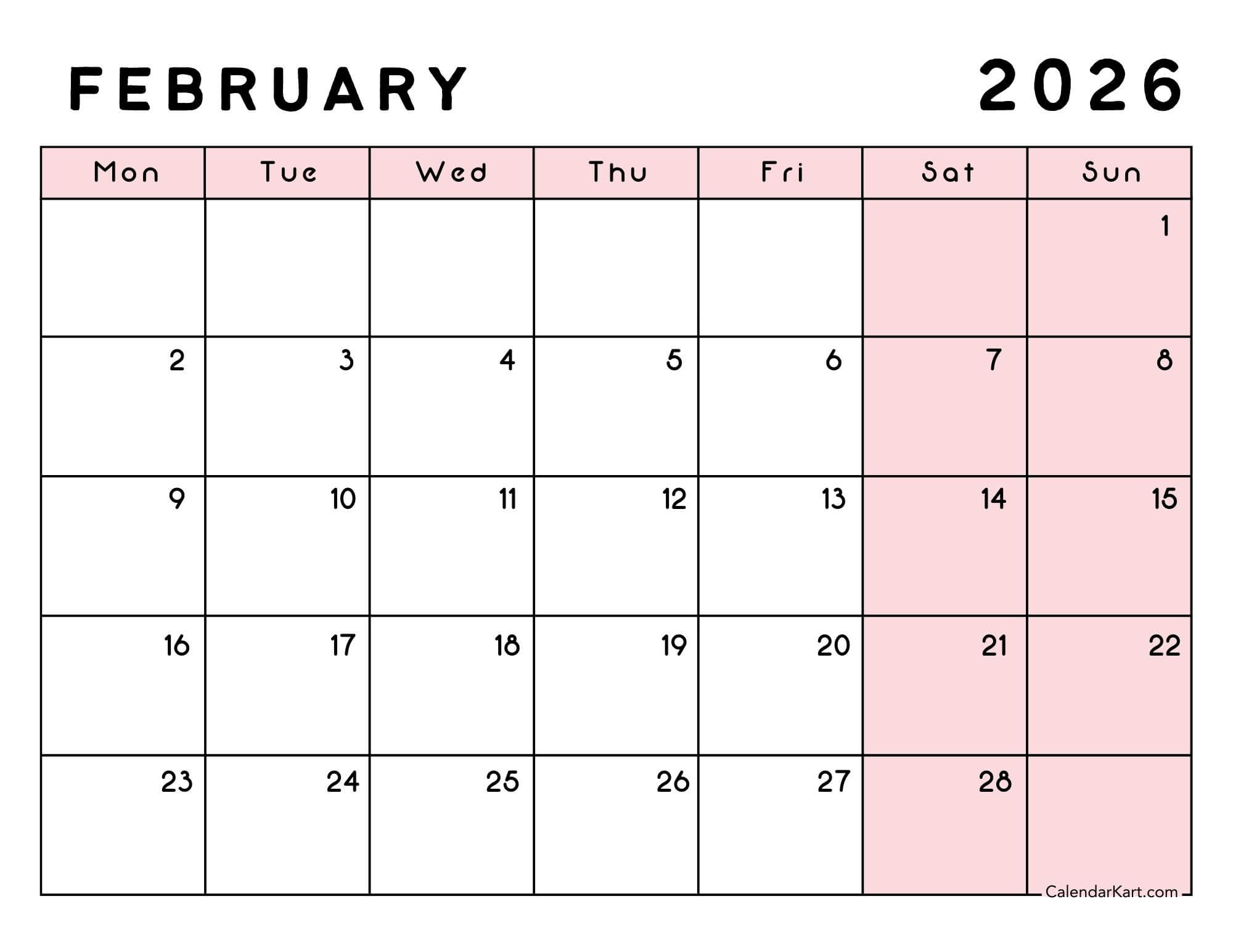 February 2026 Calendar Printable Monday Start 6